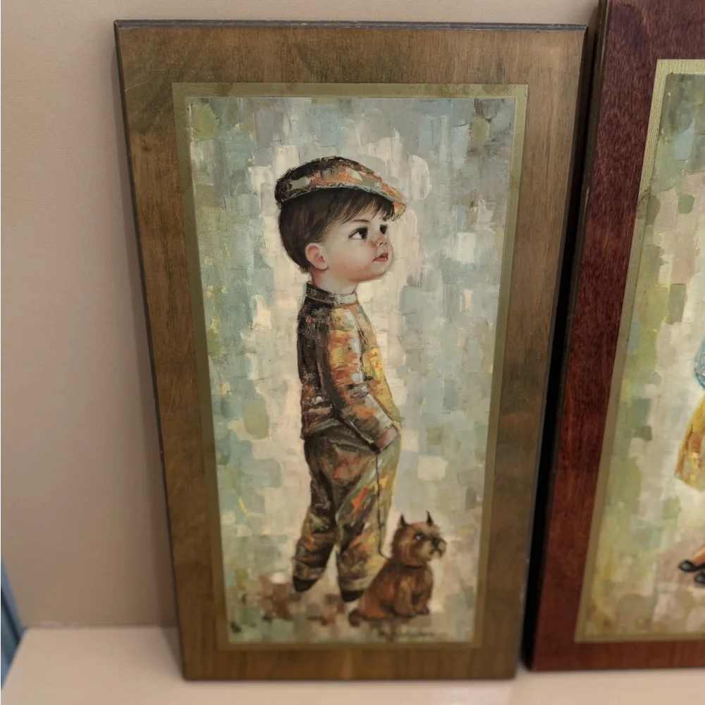Mid Century Medeiros Girl with Cat and Boy with Dog Big Eye Wall Art - Picture 10 of 13
